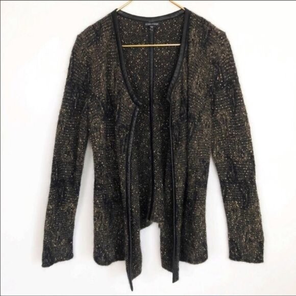 Eileen Fisher Mohair & leather trim black Cardigan Small - Picture 2 of 10